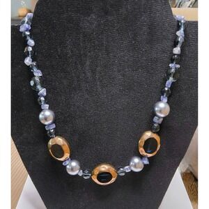 EsMor Blue Teal Statement Necklace Artisan Style Glass Stone Pearl Beads
